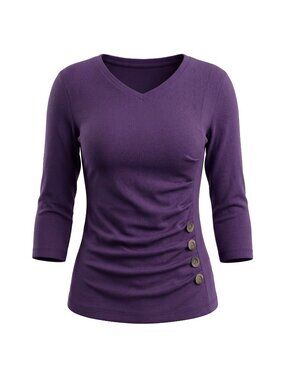 Allegra K Women's Small Plum Purple Ruched V Neck 3/4 Sleeve Button Knit Top NWT